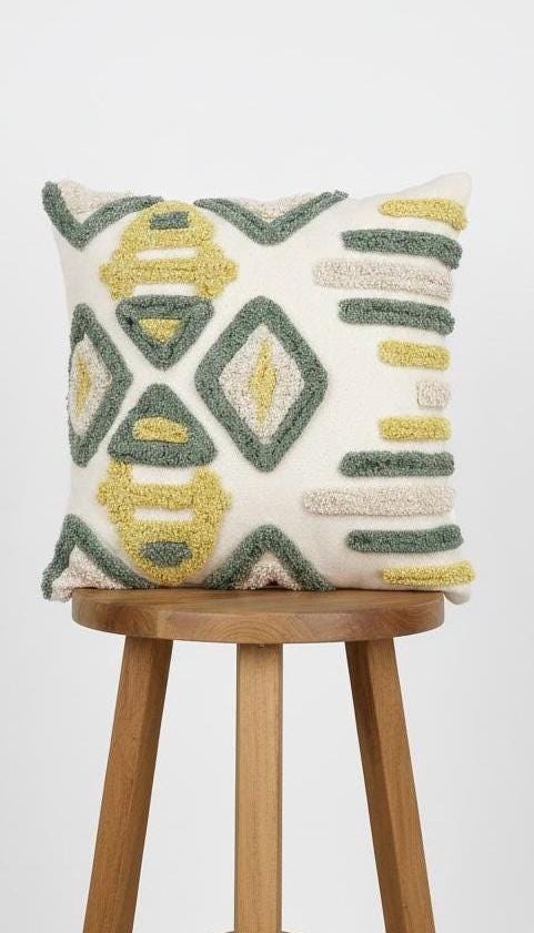 Boho Tufted Geometric Cushion Cover – Green, Yellow, Cream Cotton Pillow Case (50x50cm)