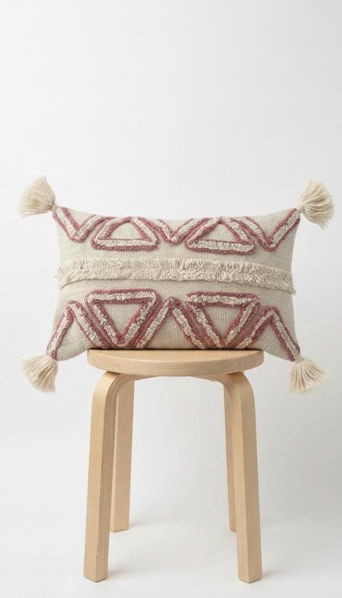 Boho Tufted Lumbar Pillow Cover with Tassels , Pink and Cream Geometric Textured Cushion Cover,